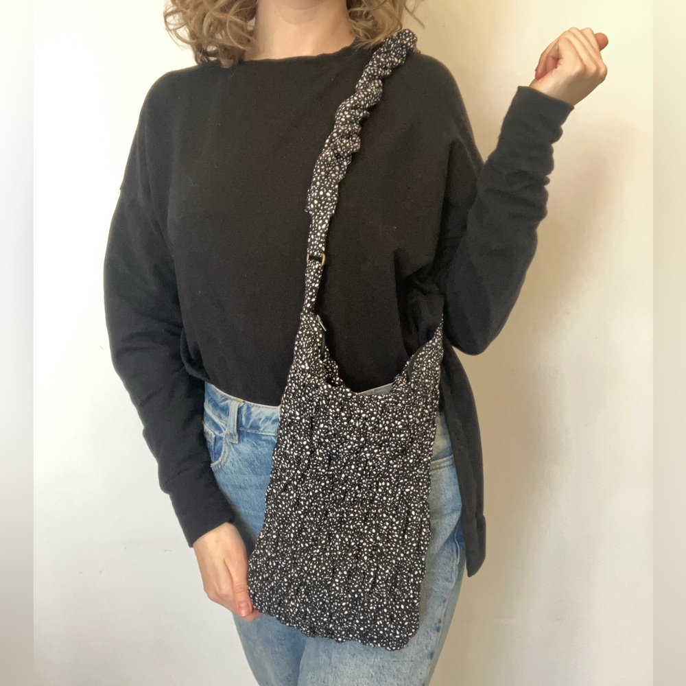 Upcycled handmade quilted fluffy Black and White Crossbody Bag - Picture 5 of 14